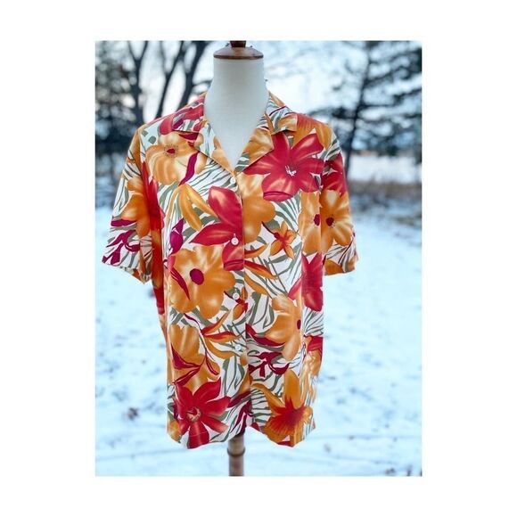 Vintage 90s Hawaiian Print Button Up Top Blouse Orange Red Sz 24W - Picture 1 of 7